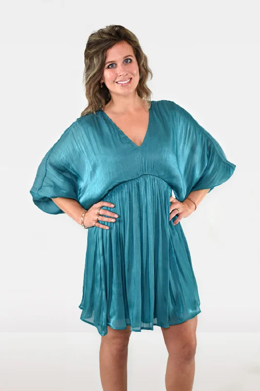 Major Savings Satin Dolman Sleeve Emerald Mini Dress by Jodifl Clothing