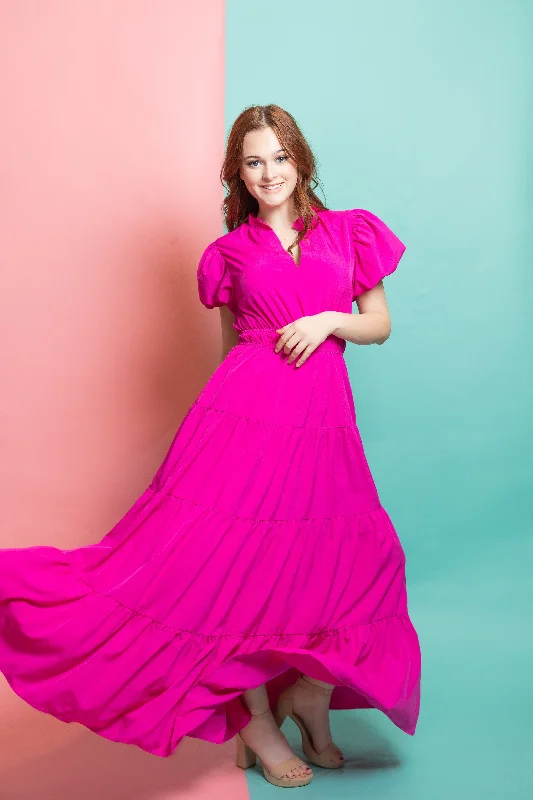 Midnight Madness Bubble Sleeve Tiered Maxi Dress by Entro Clothing