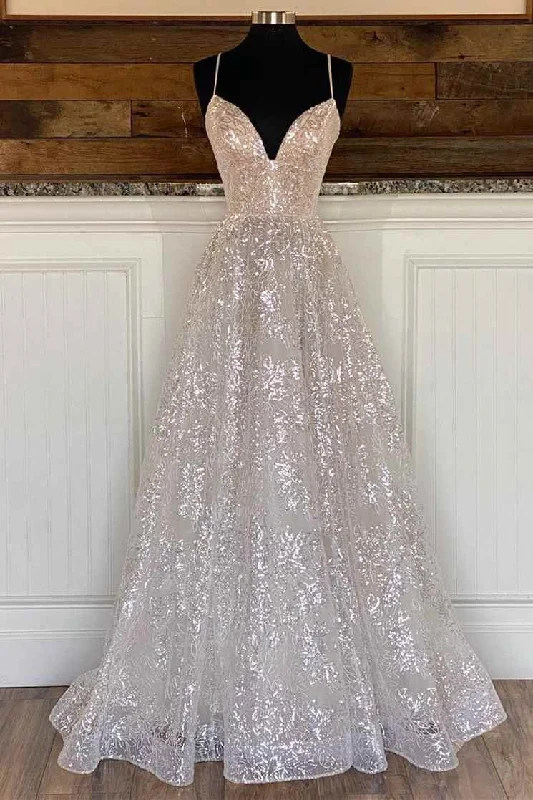 Last Chance Light Champagne Sequin Lace A-Line Prom Dress