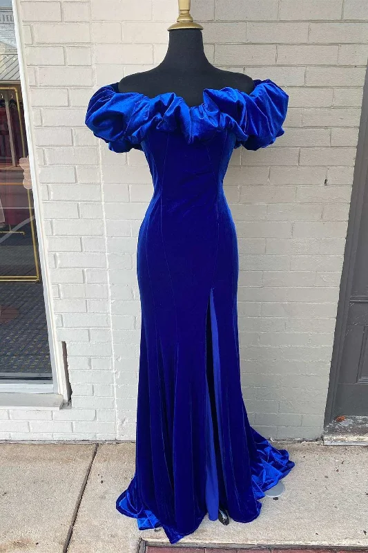 Anniversary Sale Royal Blue Off-the-Shoulder Ruffled Mermaid Long Prom Dress