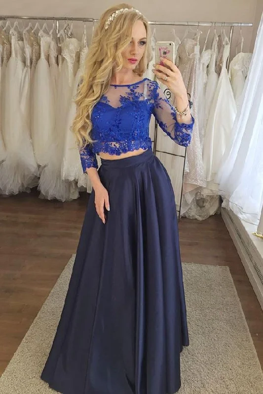 Final Markdown Two Piece Navy Blue Prom Dresses with Lace  Prom Dresses with Sleeves N1549