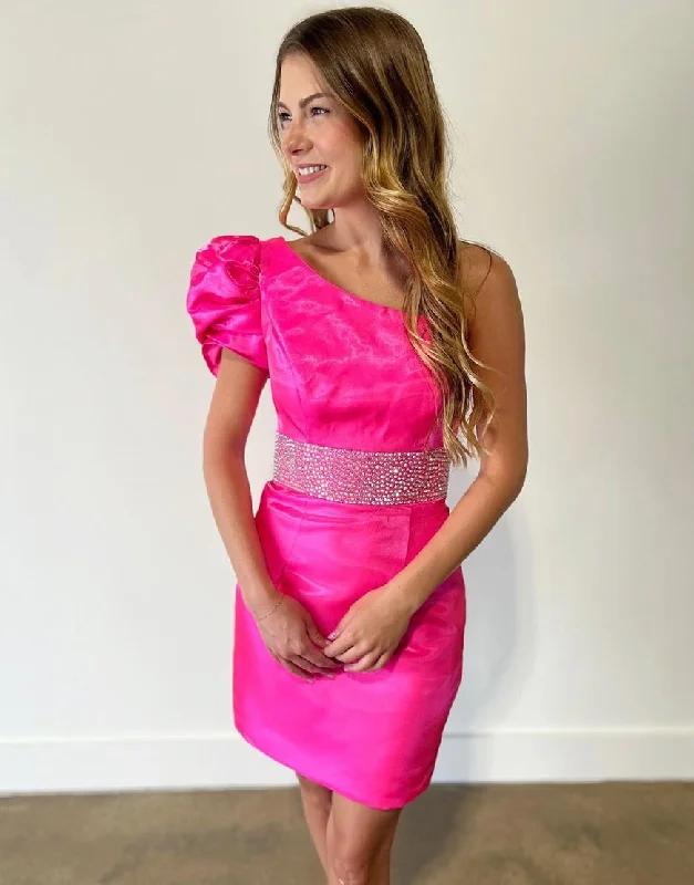 Loyalty Reward Stylish One Shoulder Short Satin Homecoming Dress with Belt