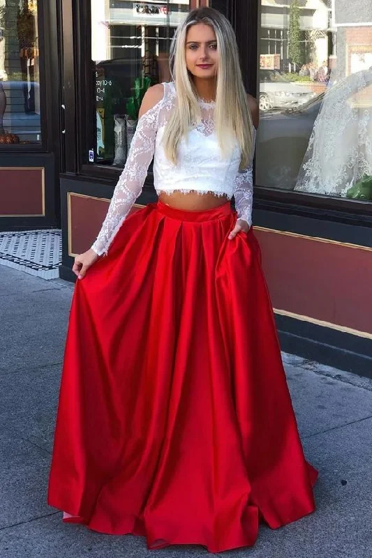 Daily Deals Two Piece Cold Shoulder Prom Dresses with Lace Long Sleeve Red Satin Party Dresses N1550
