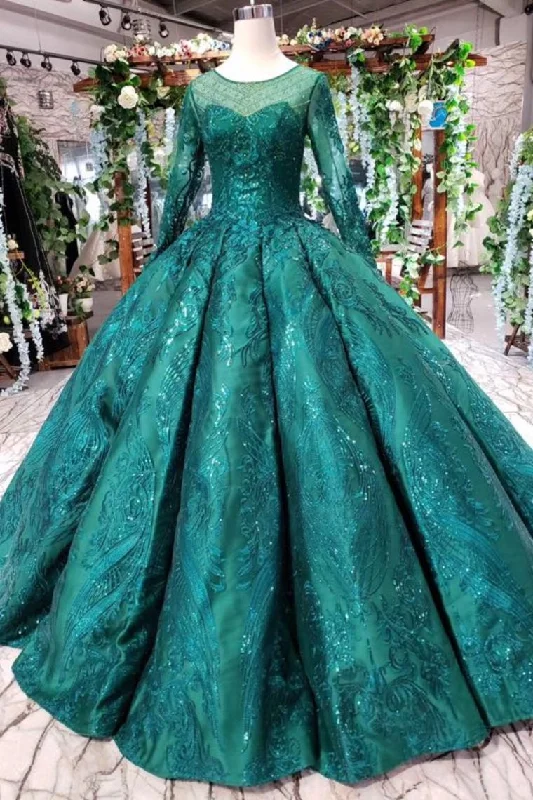 Loyalty Reward Dark Green Long Sleeves Ball Gown Prom Dresses with Beads Quinceanera Dresses N1713