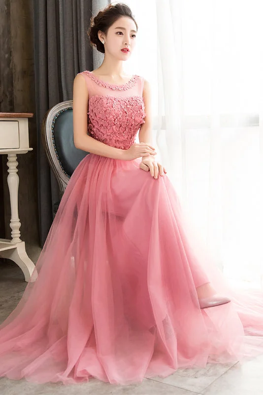Savings Event Pink Sleeveless Prom Dresses with Flowers A Line Floor Length Tulle Evening Dresses N1775