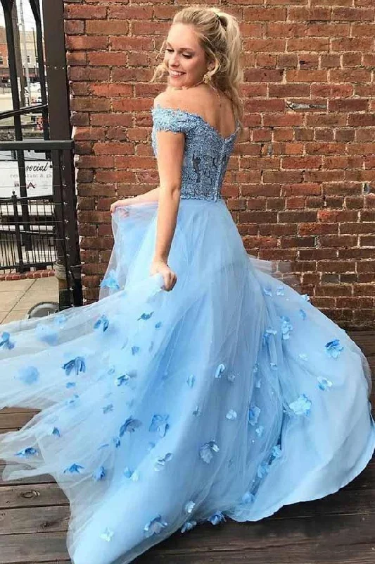 Savings Event Two Piece Off the Shoulder Tulle Prom Dresses with Lace A Line 2 Piece Long Formal Dresses N1705