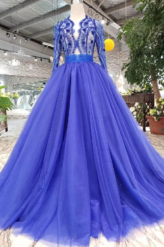 Grand Opening Sale Royal Blue Long Sleeve Tulle Prom Dresses with Lace Long Party Dresses with Beads N1648