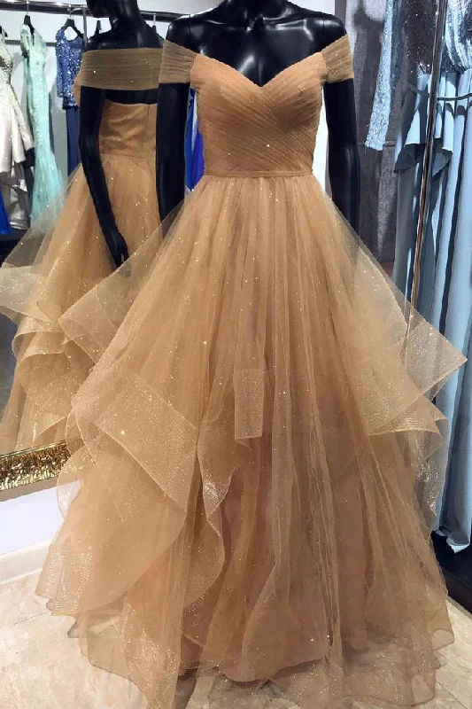 Special Savings A-Line Off the Shoulder Floor Length Tulle Prom Dresses with Pleats N1536