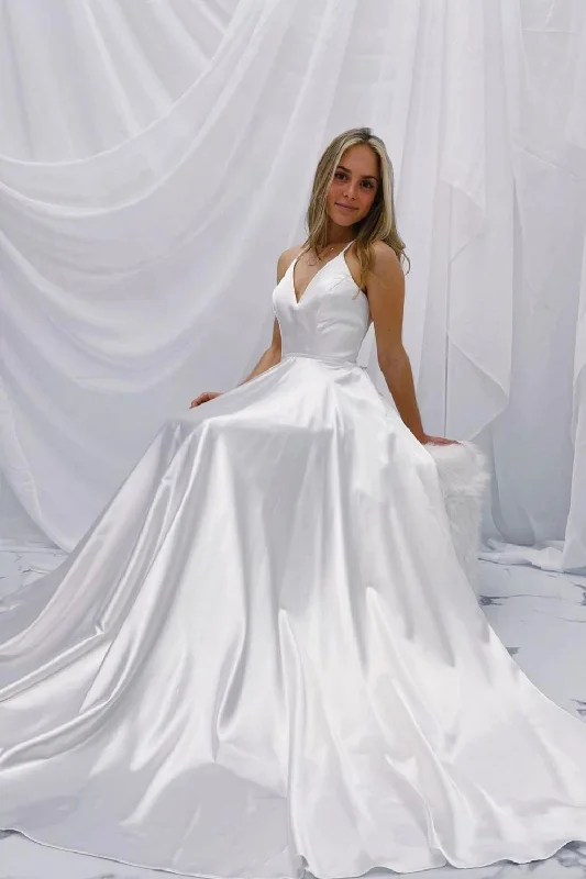 Discount Extravaganza Simple A Line Spaghetti Straps White Wedding Bridal Dress