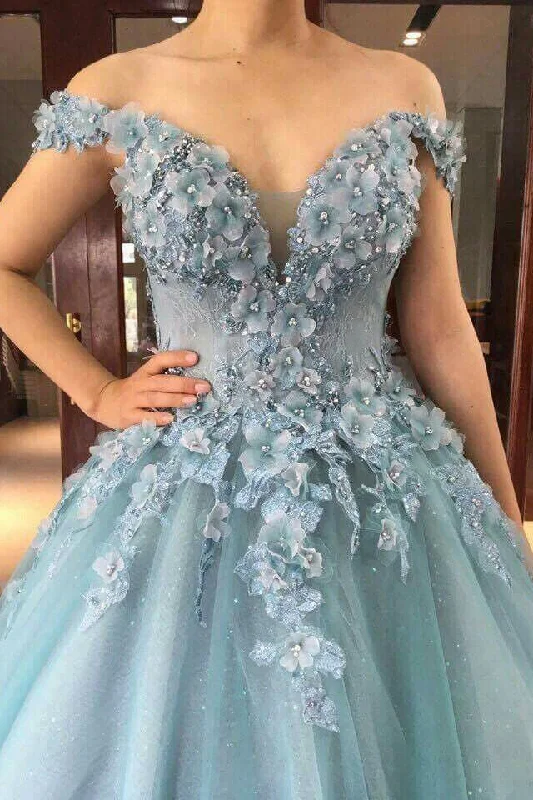 Discount Extravaganza Off the Shoulder Beading Floor Length Tule Prom Dresses with Flowers N1776