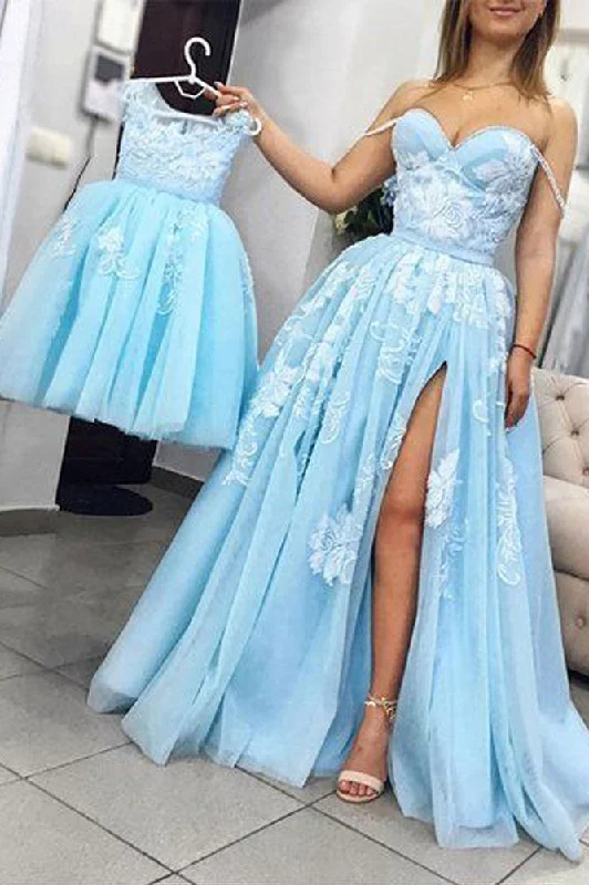 Early Bird Discount Unique Light Sky Blue Tulle Prom Dresses with Slit A Line Sweetheart Long Prom Gown N1653