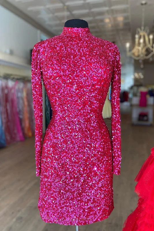 Reduced Prices Fuchsia Bodycon Long Sleeve Homecoming Dress With Sequins