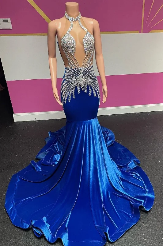 Best Seller Royal Blue Halter Velvet Mermaid Silver Beaded Prom Dresses