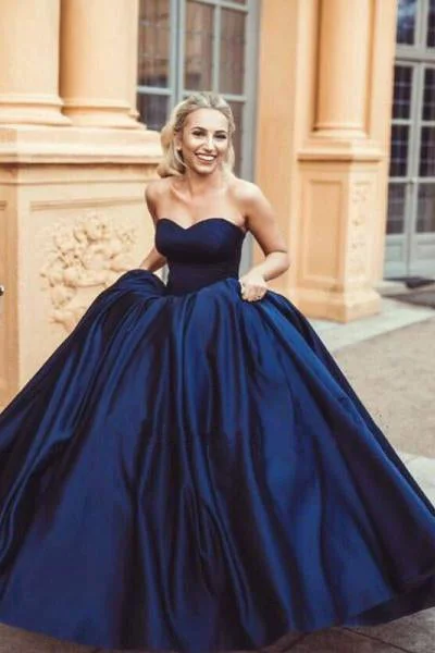 Instant Discount Navy Blue Ball Gown Sweetheart Prom Dresses Princess Satin Strapless Long Prom Gown N1578