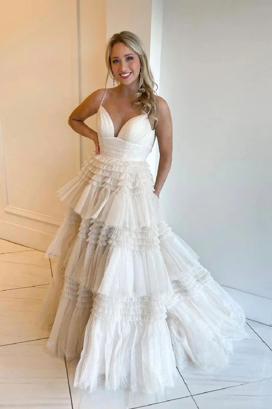 Price Drop Alert New Arrival A Line Spaghetti Straps White Bridal Dress with Ruffles