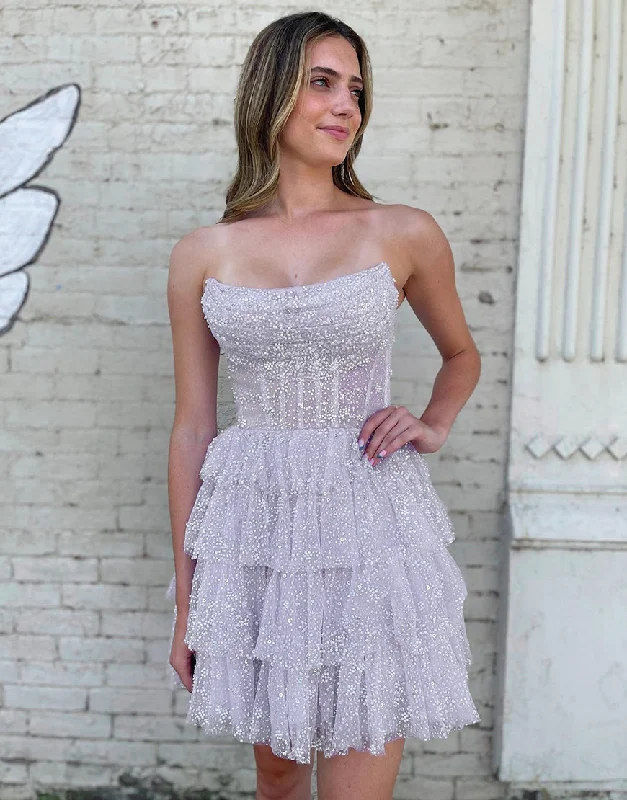 Lowest Price Pretty A-Line Strapless Short Tulle Tiered Homecoming Dress