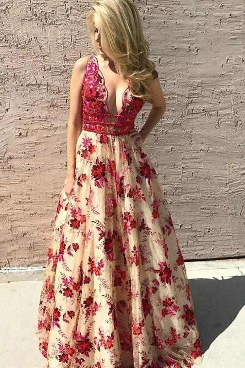 Deal Dash Deep V-Neck Lace Prom Dresses with Beading Long Prom Gown with Appliques N1761