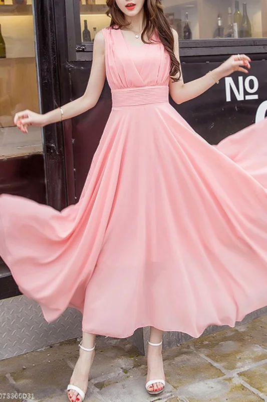 Price Smash Peach Summer V-Neck Plain Chiffon Maxi Dresses  Flowy Long Bridesmaid Dresses N1564