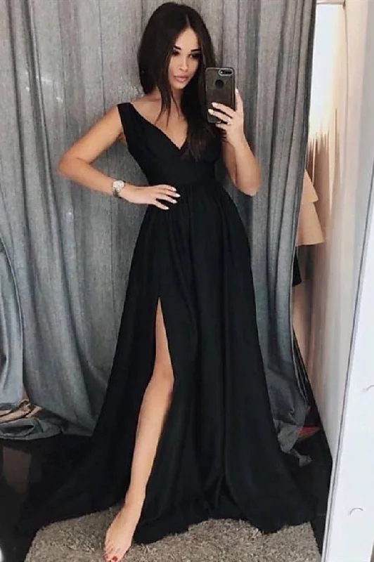 Buy More, Save More A Line V-Neck Black Prom Dresses with Side Slit