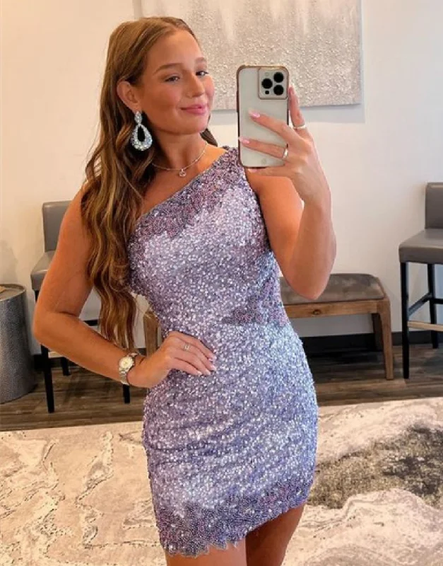 New Arrival Stunning One Shoulder Glitter Sequin Homecoming Dress