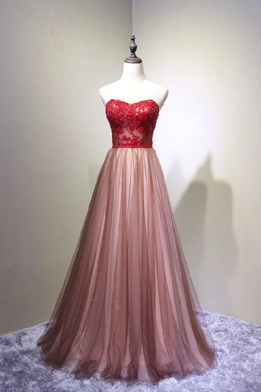 The Best Prices A Line Sweetheart Tulle Long Prom Dress Floor Length Graduation Dress with Lace N1749