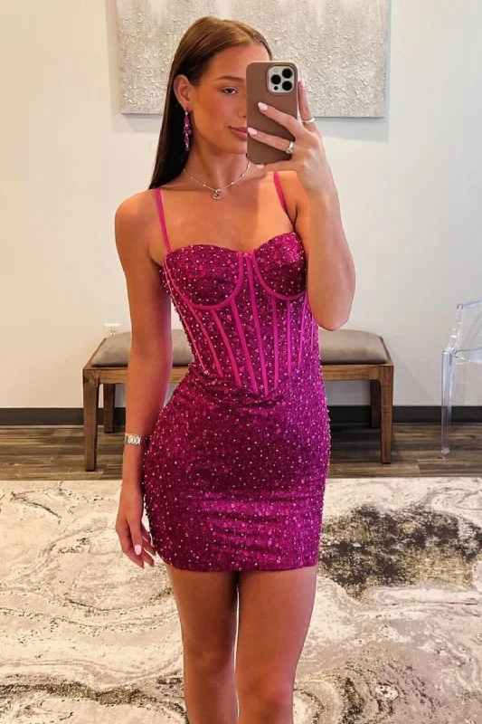 Sneak Peek Sale Sparkly Bodycon Spaghetti Straps Short Beaded Homecoming Dress
