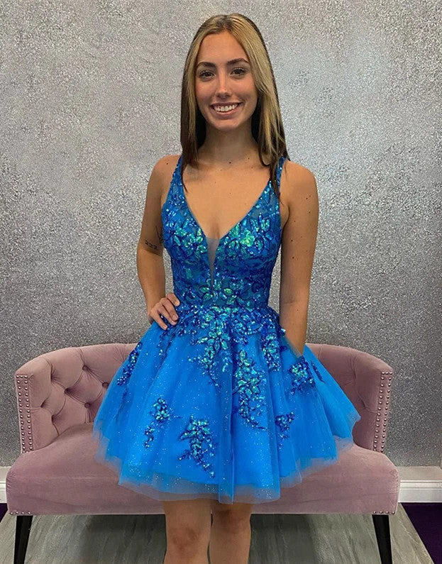 Special Discount Royal Blue A-Line Short Homecoming Dress With Appliques