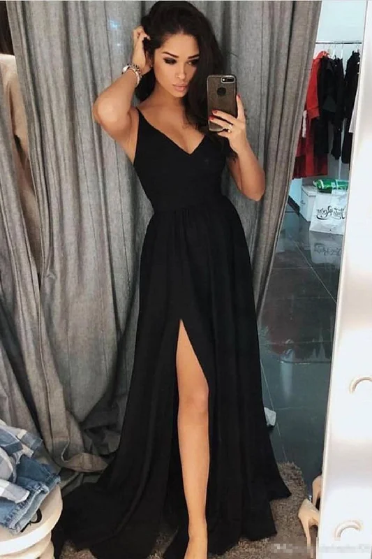 Deal Mania A Line Black Spaghetti Strap V Neck Prom Dresses with Side Slit N1597