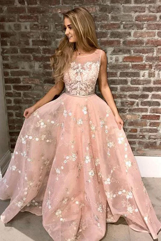 Special Savings Pink Sleeveless Lace Appliques Prom Dresses Puffy Long Graduation Dresses