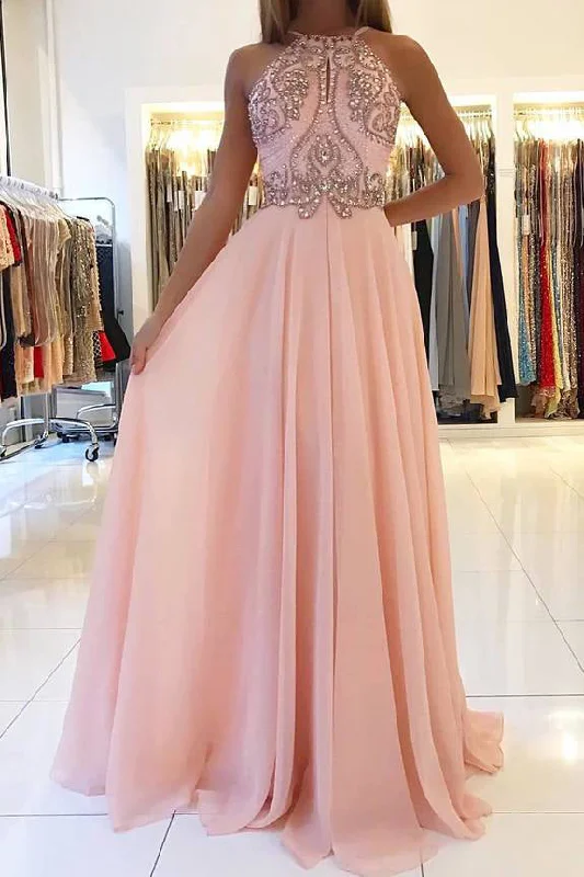 Huge Savings Blush Pink Chiffon Prom Dresses with Beading Rhinstone Flowy Backless Graduation Dresses N1745
