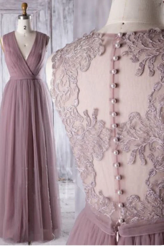 Value Deals Dark Mauve Tulle Prom Dresses Neck Maxi Dresses A Line Illusion Evening Dresses N1624