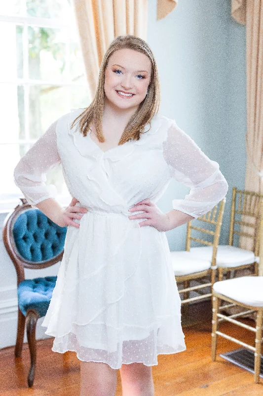Final Sale White Quarter Sleeve Ruffle Swiss Dot Bridal Dress by Entro Clothing