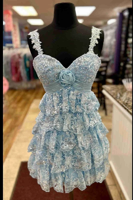 Limited Availability Light Blue Rosette Sequin Baby Doll Short Party Dress