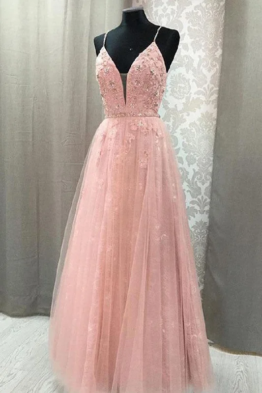 Doorbuster Deal Blush V-neck Prom Dresses with Rhinestone Long Prom Dresses with Appliques N1538
