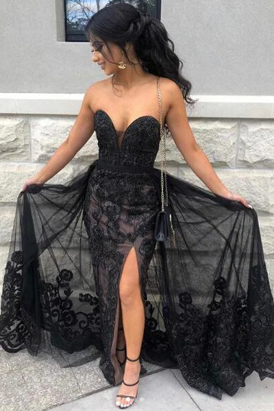 Act Now Black Sweetheart Tulle Prom Dresses with Lace Appliques Long Strapless Split Formal Dresses N1895