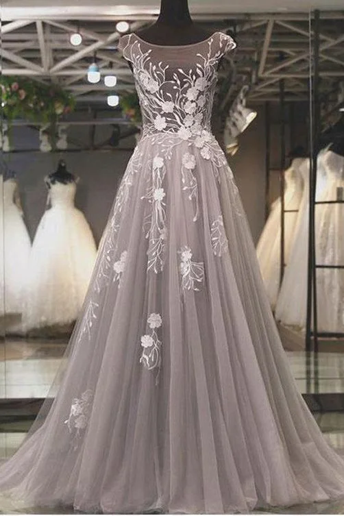 Can't Miss Puffy Cap Sleeves Tulle Prom Dresses with Lace Appliques A Line Long Formal Dresses N1741
