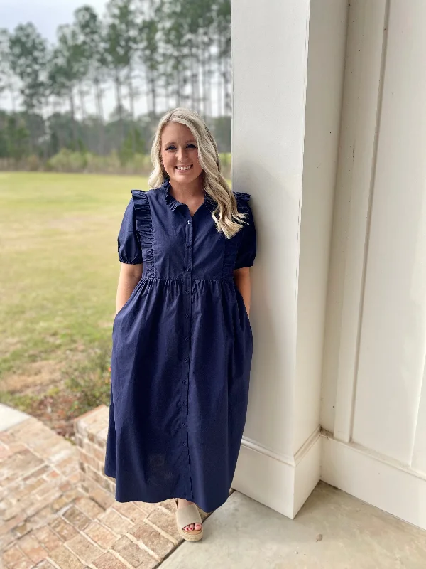 Weekend Deal Jodifl Ruffle + Button Down Midi - Navy