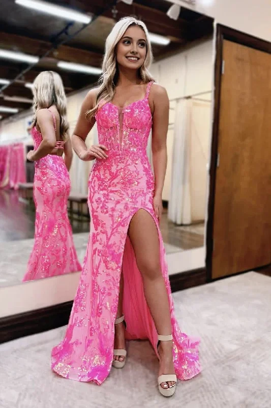 Discount Deals Pink Sweetheart Sequins Lace Mermaid Prom Dresses with Slit