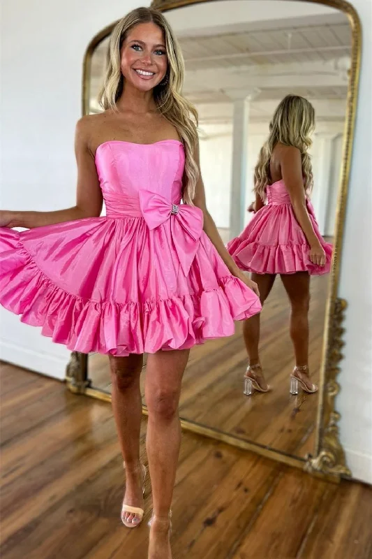 Sneak Peek Sale Simple Green A-Line Strapless Short Satin Homecoming Dress With Bowknot