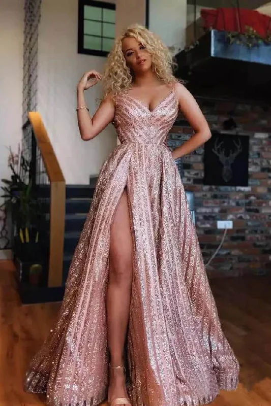 Closeout Sale Spaghetti Strap V-Neck Rose Gold Sequins Prom Dresses Sexy Side Slit Prom Dresses