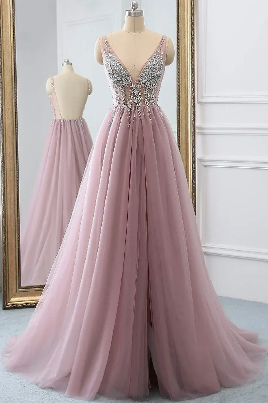 New Markdowns Dusty Pink A-Line Tulle Prom Dresses Sparkly V-Neck Long Graduation Dresses with Rhinestone N1526