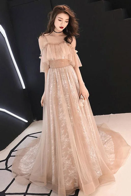 Must-Have Deals Charming Straps Flowy Tulle Lace Prom Dresses with Train A Line Evening Dresses with Ruffles N2104