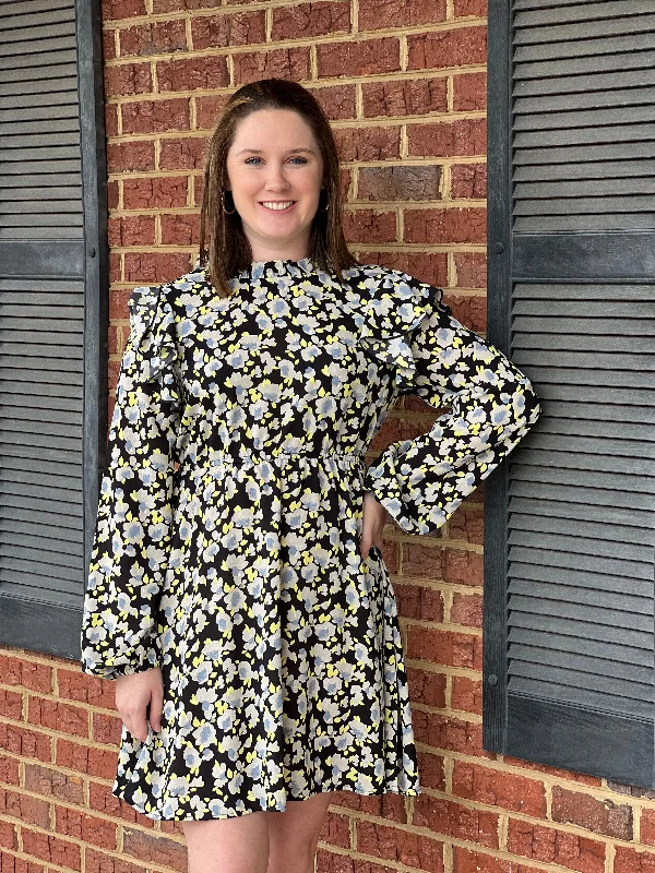 Instant Discount Jodifl LS Ruffle Dress - Black/Yellow/Blue