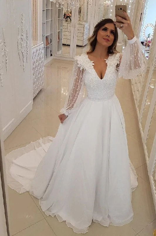 While Supplies Last A Line White Long Sleeves V-Neck Beach Wedding Dresses with Beading N1721