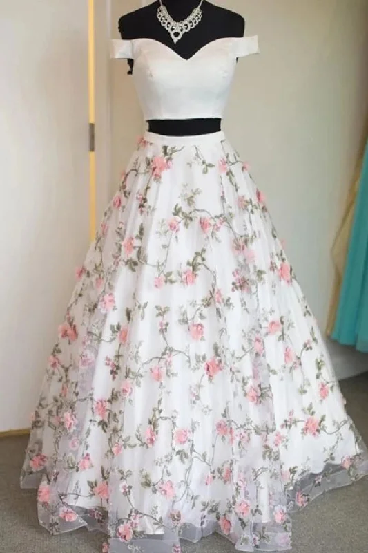 Price Slash Two Pieces Off the Shoulder Lace Prom Dresses Charming Long Graduation Dresses