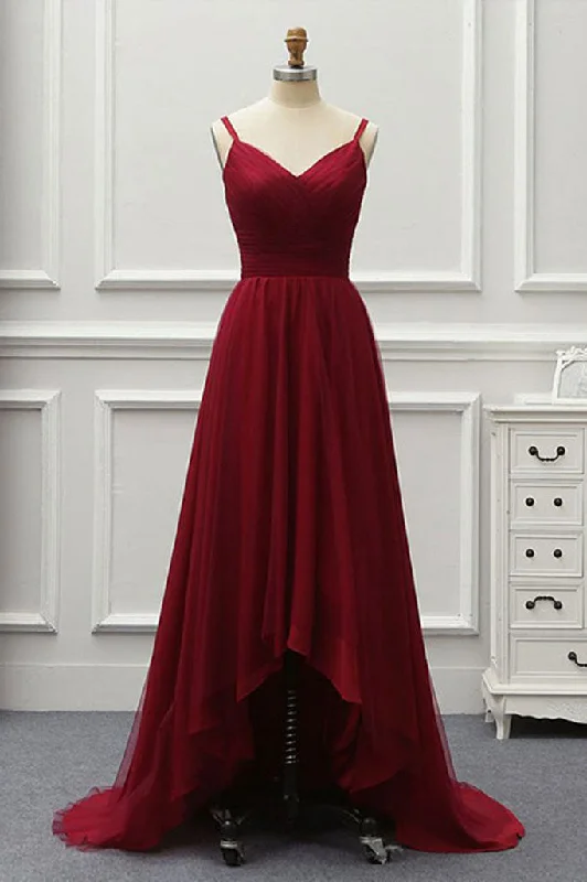 Weekend Deal A-Line Burgundy V-Neck High Low Tulle Prom Dresses with Train N1692