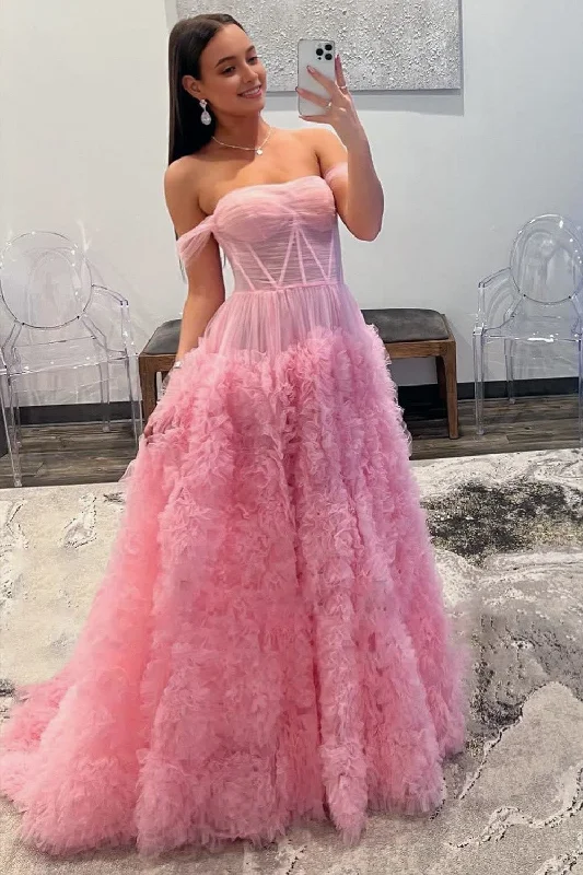 Savings Bonanza Gorgeous A Line Off the Shoulder Long Tulle Prom Dress with Slit