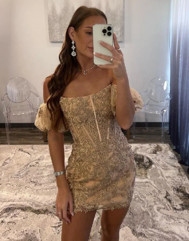 Fantastic Offers Champagne Strapless Lace Homecoming Dress With Detachable Sleeves