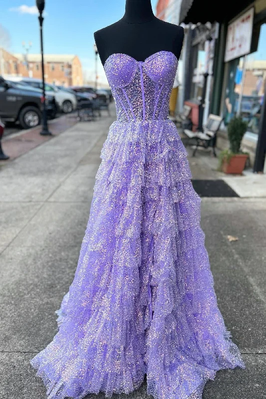 Savings Spectacular Lavender Glitter Tulle Corset Ruffle Tiered Long Prom Dress with Slit