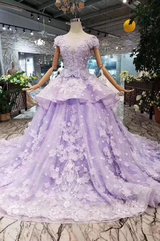 Buy More, Save More Gorgeous Lilac Ball Gown Short Sleeve Prom Dresses with Long Train